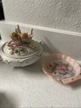 Antique White and Pink Cherub Jewelry Trinket Boxes